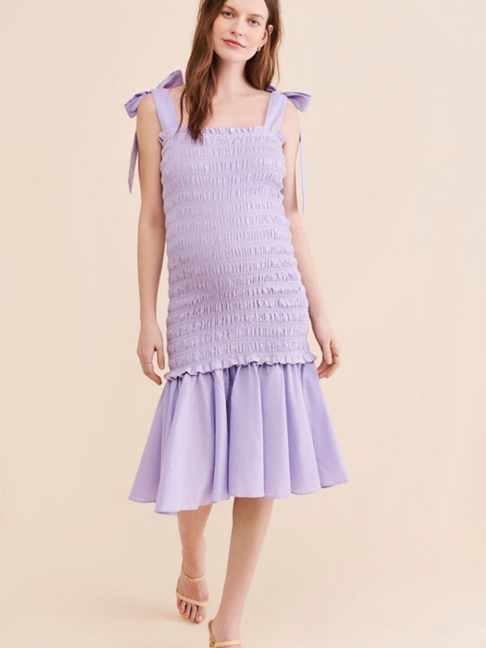 Especia Celeste Maternity Dress M Lavender Smocked Tie Strap Midi $329
